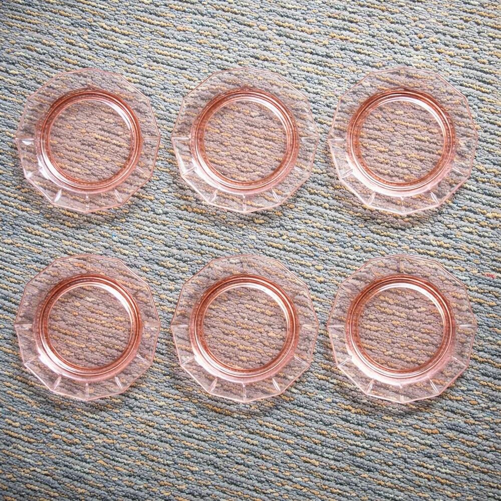 Set of 6 Vintage Pink Depression Glass Dodecagon Plates 7.5" Dessert/Salad Size